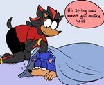 5_fingers anthro asking bed bedding bent_arm black_body black_bottomwear black_clothing black_eyes black_fur black_nose black_shorts black_tail blanket blue_blanket blue_body blue_eyebrows blue_fur blue_wall bottomwear bracelet clothed clothed_male clothing dialogue duo eyebrows fingers frown frowning_at_partner fully_clothed fully_clothed_male fur furniture furrowed_brow furrowed_eyebrows gold_(metal) gold_anklet gold_bracelet gold_jewelry half-closed_eyes holding_blanket jewelry kneeling leaning leaning_forward lying lying_on_bed male male_anthro markings multicolored_body multicolored_fur narrowed_eyes on_bed on_front open_frown open_mouth purple_bedding question question_mark red_clothing red_markings red_shirt red_t-shirt red_topwear shirt shorts t-shirt tail talking_to_another talking_to_partner tan_body tan_inner_ear tan_skin text tired tired_eyes topwear two_tone_body two_tone_fur under_blanket wall_(structure) beastofeuthanasia sega sonic_the_hedgehog_(series) shadow_the_hedgehog sonic_the_hedgehog eulipotyphlan hedgehog mammal 2025 colored digital_drawing_(artwork) digital_media_(artwork) english_description english_text shaded simple_shading