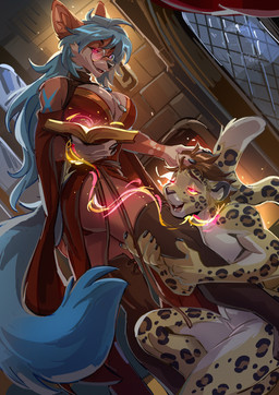 anthro big_breasts blue_hair book breasts brown_body brown_clothing brown_fur brown_hair brown_legwear brown_thigh_highs clothed clothed_anthro clothed_female clothing duo eyewear female fluffy fluffy_tail fur glasses glowing glowing_eyes hair hypnosis inside legwear long_hair magic magic_user male male/female markings mind_control multicolored_body multicolored_fur pink_eyes robe spellbook spots spotted_body spotted_fur submissive submissive_anthro submissive_male tail thigh_highs wearing_glasses white_body white_fur yellow_body yellow_fur yellow_sclera kammi-lu ash_(ashkelling) celest_(takkin) canid canine felid fox leopard mammal pantherine 2026 absurd_res hi_res