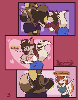 anthro areola areola_slip big_breasts big_butt bodily_fluids breast_expansion breastfeeding breasts bulging_breasts butt cleavage cleavage_overflow clothed clothing dialogue expansion female fluffy fluffy_tail heart_symbol holding_breast huge_breasts huge_butt lactating lactating_through_clothing nipples tail text wet wet_clothing nokamiwd nintendo pokemon bam_(khainethewolf) jazz_(khainethewolf) kaya_(khainethewolf) african_wild_dog canid canine domestic_cat felid feline felis generation_3_pokemon linoone mammal pokemon_(species) shiny_pokemon absurd_res comic english_text hi_res