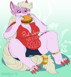 anthro arm_tuft blonde_hair blue_bottomwear blue_clothing bottomwear breasts burger claws clothed clothing eating eating_food elbow_tuft eyelashes female food front_view fur hair holding_burger holding_food holding_object long_hair non-mammal_breasts overweight overweight_anthro overweight_female purple_body purple_fur red_claws red_clothing red_eyes red_shirt red_t-shirt red_topwear shirt solo t-shirt thick_thighs topwear tuft tiggybloom wendy_(jabberdragon) 2018 dated hi_res signature herm_(lore)