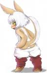 anthro anus biped butt clothed clothing female genitals hair looking_aside looking_at_viewer looking_back partially_clothed presenting pussy raised_tail smile solo spread_butt spreading tail topless white_hair young mcsadat made_in_abyss nanachi lagomorph mammal narehate hi_res