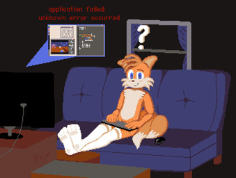 2_tails anthro blue_eyes chest_tuft clothing computer computer_keyboard computer_monitor computer_mouse confusion cord crossed_legs electronics eyebrows feet femboy first_person_view footwear fur furniture game_screen keyboard leaning legwear legwear_only male multi_tail on_sofa orange_body orange_fur ottoman pattern_clothing pattern_legwear pillow programming question_mark raised_eyebrow screen sitting sitting_on_sofa socks sofa soles solo striped_clothing striped_legwear stripes tail text thigh_highs thigh_socks toes tuft white_body white_fur window wire frytheguy programming_socks sega sonic_the_hedgehog_(series) miles_prower canid canine fox mammal english_text hi_res