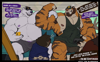 anthro anthro_on_anthro antlers armpit_hair belly blush bodily_fluids body_hair body_stripes bottomwear brown_body brown_fur clothed clothing dialogue electronics exclamation_point eyewear flexing flexing_bicep fur genital_fluids genitals glasses glasses_on_hat group hand_on_bicep hat headgear headwear holding_object holding_phone horn male male/male musclegut muscular muscular_anthro muscular_male nipples orange_body orange_fur overweight overweight_anthro overweight_male pants penis penis_base phone precum precum_through_clothing precum_through_shirt shirt sitting speech_bubble sunglasses tank_top text to_be_continued topless topwear tough_guy trio vein veiny_penis wet wet_clothing white_body white_fur marius_tygo bruce_(ara_chibi) burley_(ara_chibi) bear canid canine canis deer felid mammal moose new_world_deer pantherine polar_bear tiger ursine wolf english_text hi_res preview