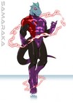 anthro claws clothing fin head_fin hero latex levitating male muscular red_electricity solo suit tail white_eyes samaraka azzy lizard reptile scalie hi_res