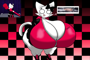 anthro big_breasts big_butt bottomwear breasts butt clothing female hoodie huge_breasts hyper hyper_breasts katmin_(pursuitcore) skirt solo thick_thighs topwear white_body xionthedog pursuitcore domestic_cat felid feline felis lolcat_(species) mammal hi_res reference_image