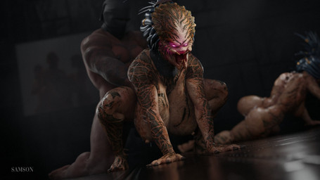 after_sex all_fours bent_over big_breasts breasts crawling fangs female from_behind_position glowing glowing_eyes group hanging_breasts hip_grab huge_breasts interspecies male male/female markings nipples sex spread_legs spreading teeth trio xenophilia samsonnsfw predator_(franchise) alien human mammal yautja 16:9 3d_(artwork) digital_media_(artwork) hi_res widescreen