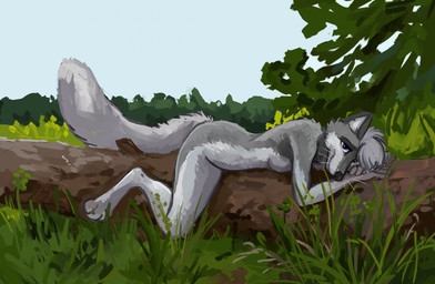 anthro breasts featureless_breasts feet female fingers fur hair looking_at_viewer lying on_front outside plant smile solo tail toes tree tazal canid canine canis domestic_dog mammal absurd_res digital_media_(artwork) hi_res