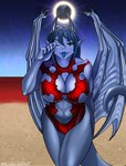 anthro bangs beach big_breasts blue_body blue_hair blue_membrane blue_scales blue_skin blue_tongue breasts clothed clothed_breasts clothing detailed_background dragon_wings eclipse female green_eyes hair horizon horn long_hair looking_at_viewer membrane_(anatomy) membranous_wings moon one_eye_closed partially_clothed red_clothing red_swimwear red_water scales sea seaside sky smile solo straight_horn swimwear tail tongue tongue_out touching_face water wings eliana-asato mythology ena_(eliana) dragon mythological_creature mythological_scalie scalie digital_media_(artwork) hi_res