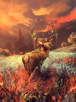 amazing_background antlers brown_body brown_eyes brown_fur castle cloud detailed_background feral fog fur grass hair horn long_hair looking_at_viewer looking_back male outside plains plant plant_antlers scenery_porn sky solo standing sunset tree vines aquasixio deer mammal 3:4 detailed hi_res orange_theme