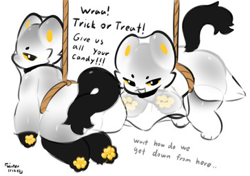 ambiguous_gender anthro bdsm black_body black_fur bondage bound butt butt_focus ears_up fur ghost_costume holidays off_the_ground pawpads presenting presenting_hindquarters restraints rope rope_bondage rope_harness smug solo stuck tail text trick-or-treating yellow_eyes yellow_pawpads bunymarch42 winteriris42 halloween domestic_cat felid feline felis mammal absurd_res english_text hi_res