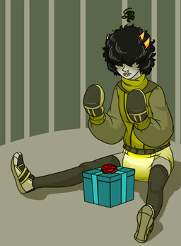 biped bodily_fluids box clothed clothing container diaper genital_fluids gift gift_bow gift_box handwear holidays legwear male mittens pantsless pantsless_humanoid pantsless_male restrained_hands solo stockings unclean_diaper urine used_diaper wearing_diaper wet_diaper zee-rage-man christmas homestuck ms_paint_adventures mituna_captor alien humanoid troll_(homestuck) 2015 digital_drawing_(artwork) digital_media_(artwork)