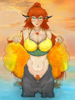 bra breasts clothing ear_piercing ear_ring female fur green_eyes grey_body grey_fur hair jewelry long_hair pareo pendant piercing red_hair ring_piercing sea solo sunset surface_piercing underwear water bo4a european_mythology greek_mythology mythology centaur equid equid_taur equine horse humanoid_taur mammal mammal_taur taur 3:4 hi_res