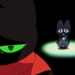 1:1 anthro big_eyes black_background black_body black_eyes black_fur cape cartoon_network child clothed clothing crow's_feet crows_feet depressing depression domestic_cat fancyatrist fangs felid feline felis fur green_sclera light looking_at_another male mammal mao_mao:_heroes_of_pure_heart melancholic neon_genesis_evangelion overalls overalls_only parody pupils sad sheriff_mao_mao_mao simple_background slit_pupils solo spotlight standing teeth tired tribute upset young