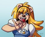 accessory anthro blonde_hair blue_eyes braces brown_body brown_fur bully candy clothing dessert dress female food fur hair hair_accessory hairband lollipop solo ishi naughtyjester krista_blonde bear mammal