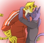 aged_up anthro beard blush bodily_fluids duo eyebrows facial_hair hair kemono kissing love male male/male ponytail romantic romantic_couple simple_background sweat thick_eyebrows paomer morenatsu shin_(morenatsu) torahiko_(morenatsu) domestic_cat felid feline felis mammal pantherine tiger