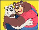 anthro brown_body brown_fur clothing duo eyewear fur glasses hug humanoid_hands male male/male one_eye_closed overweight overweight_male shirt simple_background topwear white_body white_fur wink yellow_background hopelesshighschool the_human_heart_(game) cade_maplebottom bear mammal polar_bear ursine 2021