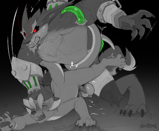 2_penises anal anal_penetration anthro balls bodily_fluids claws dominant dominant_anthro dominant_male duo fangs featureless_chest foaming_at_mouth forced forced_anal forced_penetration genital_fluids genitals hand_on_head male male/male male_anthro multi_genitalia multi_penis nude_anthro nude_male obscured_penetration penetration penis precum rape red_eyes rough_sex sex size_difference tail tail_coil teeth silveredge league_of_legends mythology riot_games tencent vidra_krem warwick_(lol) canid canine mammal mythological_canine mythological_creature snotter werecanid werecanine werecreature werewolf absurd_res hi_res signature