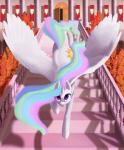 banner cutie_mark door feathered_wings feathers female feral fur hair horn looking_at_viewer multicolored_hair multicolored_tail outside plant purple_eyes royalty solo stairs tail tree white_body white_feathers white_fur wings lunebat friendship_is_magic hasbro my_little_pony mythology princess_celestia_(mlp) equid equine mammal mythological_creature mythological_equine winged_unicorn 2016 absurd_res hi_res