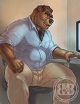 anthro blue_clothing blue_shirt blue_topwear body_hair bottomwear brown_body brown_eyes brown_fur brown_hair bulge chair chest_hair chest_tuft clothed clothing computer desk dress_shirt electronics eyewear fully_clothed fur furniture glasses hair looking_away male musclegut muscular muscular_anthro muscular_male overweight overweight_anthro overweight_male pants shirt sitting solo table tan_bottomwear tan_clothing tan_pants topwear tuft bruteandbrawn bear mammal 2018 digital_media_(artwork) watermark