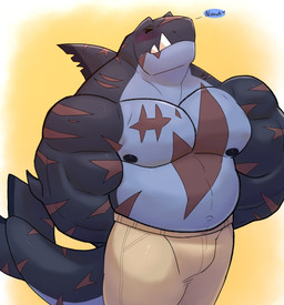 anthro biceps black_nipples blush bodily_fluids bottomwear brown_markings clothed clothing dialogue dorsal_fin eyes_closed fangs fin grey_body hands_behind_back male markings musclegut muscular muscular_arms navel nervous nipples non-mammal_navel non-mammal_nipples notched_fin pecs shorts simple_background solo speech_bubble standing sweat tail tail_fin tan_bottomwear tan_clothing tan_shorts teeth thick_neck topless topless_anthro topless_male yellow_background same22shark nelson_(same22shark) aquatic fish shark 2022 digital_media_(artwork) hi_res portrait three-quarter_portrait