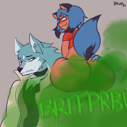 anthro big_butt blue_hair blush blush_lines bottom_heavy bottomless brown_body butt butt_focus carrying_another clenched_teeth clothed clothing coat disgust duo eye_roll fart fart_cloud fart_fetish female green_fart_cloud grey_background grin hair huge_fart looking_at_another's_butt male narrowed_eyes onomatopoeia raised_tail shirt simple_background sitting sitting_on_another sitting_on_arm smile sound_effects straining tail teeth text topwear wide_hips bawko brand_new_animal studio_trigger michiru_kagemori shirou_ogami canid canine canis mammal raccoon_dog tanuki wolf 1:1 2021 digital_drawing_(artwork) digital_media_(artwork) flat_colors hi_res signature