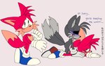 anal anal_penetration anthro balls blush bodily_fluids clothing duo erection footwear genitals male male/male male_penetrated male_penetrating male_penetrating_male nude penetration penis sex simple_background tail text young young_anthro young_on_young pachi_rizuu sega sonic_the_hedgehog_(series) miles_prower canid canine fox mammal