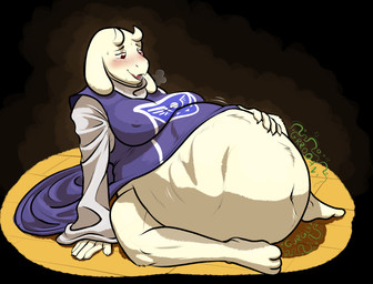 abdominal_bulge after_glow after_vore afterglow air_puff ambiguous_gender ambiguous_prey anthro anthro_pred belly big_belly blissful blissful_mouth blush breasts breath burp_cloud burping claws clothes_stretching clothing delta_rune_(emblem) digestion digestion_noises dull_eyes duo euphoria fangs female female_pred finger_claws floppy_ears flushed flushed_face form_fitting_clothing fumes fur groan groaning_belly gurgle_(sound_effect) hand_on_belly hand_on_floor hand_on_ground horn huge_belly lethargy monster_pred motion_lines navel navel_outline nipple_outline nipples obese obese_anthro obese_female offscreen_character overweight overweight_anthro overweight_female panting pleased_expression purple_clothing purple_robe purple_robes reclining_pose red_eyes relaxing robe rumbling_stomach same_size_vore satisfaction satisfied satisfied_look sharp_teeth sigh sighing sitting sitting_on_ground slouching smug smug_expression smug_face soft_vore squirming straining_clothing stretchy_fabric sweater symbol teeth tight_clothing tired_eyes tongue topwear turtleneck unseen_prey vore wardrobe_malfunction white_body white_fur white_fur_tuft white_sleeves willing_pred joenobody deltarune toby_fox_(copyright) undertale undertale_(series) toriel boss_monster_(undertale) bovid caprine goat mammal monster hi_res