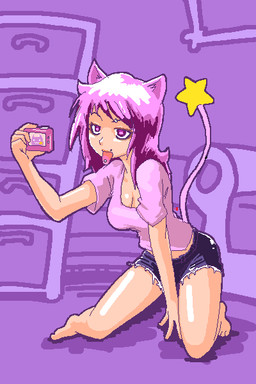bottomwear breasts camera chair cleavage clothed clothing drawer eyebrow_piercing facial_piercing female furniture hair kneeling piercing pink_eyes pink_hair selfie shorts solo star tongue tongue_out tongue_piercing torn_clothing minus8 animal_humanoid cat_humanoid felid felid_humanoid feline feline_humanoid humanoid mammal mammal_humanoid 2:3