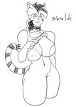 anthro bell bell_collar big_breasts breasts clothed clothing clothing_lift collar curvy_figure female fur fur_markings genitals markings mature_female mostly_nude navel nipples partially_clothed pussy shirt shirt_lift solo striped_markings striped_tail stripes tail tail_markings thick_thighs tomboy topwear voluptuous wide_hips sboldi 90_percent_studios purrfect_apawcalypse tigger_sugden domestic_cat felid feline felis mammal pantherine tiger toyger monochrome