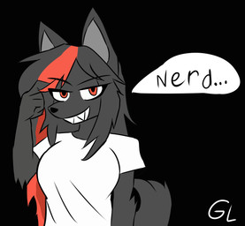 anthro clothing dialogue ears_up eyebrows female fur grey_body grey_fur grey_hair hair looking_at_viewer red_eyes red_hair shirt smile smiling_at_viewer solo speech_bubble tail teeth teeth_showing topwear white_clothing white_shirt white_topwear gorgonwriting freya_(gorgonwriting) absurd_res hi_res