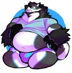 anthro belly big_belly blue_eyes blush bodily_fluids bulge canid canine canis clothed clothing clothing_lift domestic_dog garth_(character) husky hybrid looking_at_viewer male mammal nordic_sled_dog obese obese_anthro obese_male overweight overweight_anthro overweight_male purple_clothing purple_underwear shirt shirt_lift shy skymachine solo spitz sweat thick_thighs topwear underwear wolf