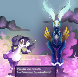 anthro black_body black_fur black_tail blue_body blue_eyes blue_horn brown_eyes competitive_pokemon_lore duo feral fur glowing glowing_horn grey_body horn one_eye_closed tail text text_box visor_eyes white_body white_fur white_tail yellow_body yellow_horn motherlatias nintendo pokemon future_pokemon generation_8_pokemon generation_9_pokemon indeedee iron_crown paradox_pokemon pokemon_(species) 2026 absurd_res english_text hi_res meme