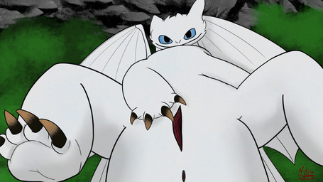 animal_genitalia anus blue_eyes butt claws female feral genital_slit genitals looking_at_viewer membrane_(anatomy) membranous_wings presenting presenting_hindquarters presenting_vulva quadruped smug_face smug_grin solo spread_legs spread_slit spread_vulva spreading tail text thick_tail vulva white_anus white_body white_vulva wings nitronf_(artist) dreamworks european_mythology how_to_train_your_dragon mythology nubless dragon fury_(httyd) light_fury mythological_creature mythological_scalie scalie western_dragon 16:9 2024 4k absurd_res artist_name dated digital_media_(artwork) hi_res widescreen