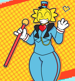 blue_clothing blue_hat blue_headwear blue_suit clothed clothing eyes_closed freckled_face freckles fully_clothed gloves gloves_(marking) handwear hat headgear headwear heart_symbol holding_object male markings not_furry scepter smile solo suit thick_thighs waving_hand white_clothing white_gloves white_handwear yellow_body yellow_skin bugisinx_(artist) epic_games fortnite wonkee_(fortnite) human humanoid mammal hi_res