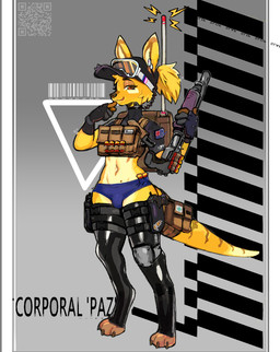 3_toes accessory anthro australian_flag backpack bag barcode bulge bulletproof_vest clothed clothing earpiece feet fingerless_gloves fur furgonomics gloves grey_background gun gynomorph hair handgun handwear hat headgear headwear holster holstered_pistol intersex knee_pads latex latex_clothing latex_legwear latex_stockings legwear markings midriff navel open_mouth open_smile panties patch_(fabric) pistol ponytail qr_code ranged_weapon red_eyes shotgun simple_background smile solo standing stockings striped_markings striped_tail stripes tactical_gear tail tail_accessory tail_bag tail_markings toeless_legwear toes underwear visor visor_cap weapon yellow_body yellow_fur bunnybaphomet paz_(yellowleggy) macropod mammal marsupial wallaby 2025