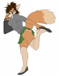 anthro bottomwear bread breasts brown_body brown_fur brown_hair clothed clothing eating eyewear female food fur glasses green_eyes hair school_uniform shirt simple_background skirt solo student toast topwear underwear uniform white_background mei5683 jenny_(powhatan) canid canine fox mammal