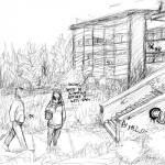 1:1 abandoned abandoned_building black_and_white canid canine canis clothed clothing comic creepy domestic_dog duo equid equine female graffiti hi_res hladilnik horse male mammal michelle_(hladilnik) monochrome school sketch text will_(hladilnik) zebra