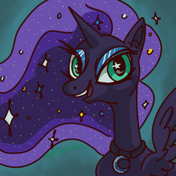 black_body black_collar black_fur black_horn black_wings blue_eyelids blue_mane collar collar_tag feathered_wings feathers female female_feral feral fur green_background green_eyes horn light long_mane mane multicolored_mane open_mouth open_smile princess purple_mane purple_tongue royalty simple_background smile solo sparkles sparkling_mane teeth text tongue unicorn_horn wings flyinurfries friendship_is_magic hasbro my_little_pony mythology princess_luna_(mlp) equid equine mammal mythological_creature mythological_equine winged_unicorn 1:1 2022 artist_name colored digital_drawing_(artwork) digital_media_(artwork) english_description hi_res lighting