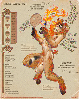 anthro armpit_hair balls bandage beard biceps big_balls big_penis black_genitals body_hair casual_nudity character_sheet_(rpg) cookware erection eye_patch eyewear facial_hair fingers flaccid food foreskin frying_pan fur furry_arms furry_legs genitals glowing glowing_eyes hair hairy hairy_forearms hairy_hands hooves horn huge_balls humanoid_genitalia humanoid_penis improvised_weapon kitchen_utensils magic_user male match melee_weapon muscular muscular_anthro muscular_male nipples nude nude_anthro nude_male offscreen_character orange_body orange_fur orange_hair pan penis profanity pubes saggy_balls simple_background solo tail teeth text tools unguligrade weapon hotsatyr dungeons_and_dragons hasbro the_dungeon_(hotsatyr) wizards_of_the_coast billy-gowhat bovid caprine goat mammal 2025 censored digital_media_(artwork) english_text model_sheet mosaic_censorship uncensored_version_at_paywall