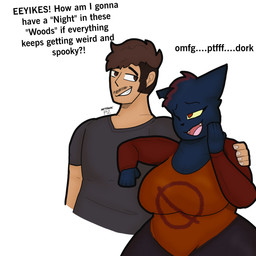 anthro black_body black_clothing black_fur black_shirt black_topwear brown_hair clothed clothing comedic duo female fur hair hand_on_arm highlights_(coloring) male male/female male_human multicolored_clothing multicolored_shirt multicolored_topwear orange_clothing orange_eyes orange_shirt orange_topwear overweight overweight_female red_eyes red_highlights shirt tan_body tan_skin text topwear fizmari_(artist) inkendross night_in_the_woods cip mae_borowski felid feline human mammal hi_res signature