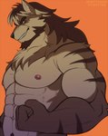 abs anthro biped brown_body brown_fur brown_hair fur hair male muscular muscular_anthro muscular_male nipples pecs smile solo white_body white_fur yellow_eyes rustymiko canid canine canis mammal wolf 2022 digital_media_(artwork)