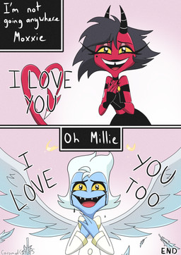 back_wings black_hair black_tears blue_body blue_skin bodily_fluids broken_halo cartoon_freckles dialogue eye_transformation eyelashes feathered_wings feathers female freckled_face freckles glistening_eyelids hair halo hand_on_heart heart_tail long_eyelashes long_tail male red_body red_skin sharp_teeth spade_tail species_transformation tail tears teeth text transformation white_hair wings yellow_eyes caramelcat85 hellaverse helluva_boss millie_(helluva_boss) moxxie_(helluva_boss) angel angel_humanoid demon demon_humanoid humanoid imp absurd_res comic english_text hi_res huge_filesize