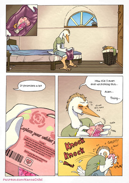 5_fingers anthro bed bedroom blush bottomwear clothed clothed_anthro clothed_male clothing cock_warmer day dialogue feathers fingers furniture humanoid_hands knocking male nervous on_bed page_number penis_clothing shirt shorts sitting sitting_on_bed solo speech_bubble surprised text topwear white_body white_feathers kantachibli phillip_(kantachibli) avian bird heron pelecaniform comic english_text hi_res url