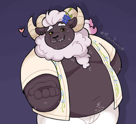 anthro black_body black_fur blue_flower bottomwear clothed clothing ear_piercing facial_hair flower fur hand_out horn male mustache open_clothing open_shirt open_topwear overweight overweight_male piercing pink_body pink_fur pink_wool plant shirt shorts solo standing topwear white_body white_fur white_wool wool_(fur) yellow_eyes morukuma quantum_love_theory duncan_(quantum_love_theory) bovid caprine mammal sheep low_res