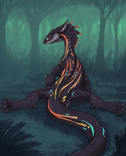 ambiguous_feral ambiguous_gender blue_eyes day detailed_background feet feral forest grass looking_at_viewer looking_back lying markings on_front outside plant pose solo spines tail teal_eyes toes tree flamespitter black_betty_(meme) orm lizard reptile scalie 2022 digital_media_(artwork) hi_res meme