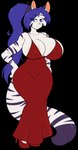 anthro areola areola_slip big_breasts blue_eyes breasts clothing dress female footwear fur hair hand_on_hip high_heels huge_breasts long_hair long_tail looking_at_viewer nipple_outline ponytail purple_hair red_clothing red_dress shoes solo striped_body striped_fur stripes tail white_body white_fur skidd uberquest soya_akane felid mammal pantherine tiger absurd_res alpha_channel hi_res