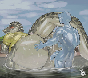 anthro big_butt blush bodily_fluids butt dominant dominant_male duo genital_fluids genitals glistening glistening_body huge_butt hyper hyper_butt lake looking_back male male/male muscular muscular_male precum sex size_difference smile submissive submissive_anthro water wet gabsimmons_art alligator alligatorid crocodilian humanoid reptile scalie hi_res