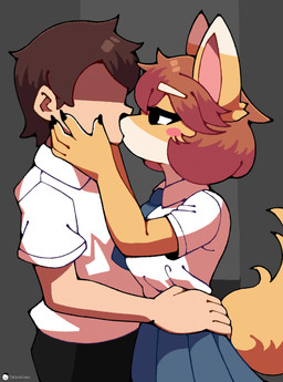 accessory anthro blue_necktie blush blush_stickers bottomwear breasts brown_hair claws clothed clothing countershade_hands countershading dipstick_ears duo ear_markings eye_contact eyebrows eyeless faceless faceless_character faceless_male female female_anthro fur hair holding_partner kissing looking_at_another male male/female multicolored_ears necktie pleated_skirt shirt short_hair skirt tail topwear white_eyebrows voider_(artist) bully_fox canid canine fox human mammal 2026 digital_media_(artwork) hi_res