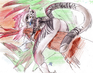anthro black_body black_fur blush branch breast_squish breasts claws female fur genitals hair in_tree looking_at_viewer looking_back multicolored_body multicolored_fur on_branch outside plant solo squish stripes sunset tree two_tone_body two_tone_fur vulva white_body white_fur white_hair wood yellow_eyes zummeng estella_(zummeng) avian bird domestic_cat felid feline felis mammal 2011 traditional_media_(artwork)