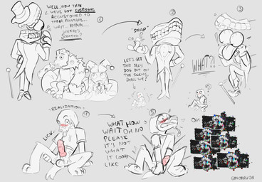 4_fingers ambiguous_gender animal_genitalia animal_penis anthro auto_penis_lick balls biped bodily_fluids bottomless bottomless_male breath caine_censorship canine_genitalia canine_penis censor_bar censored_speech censored_text clothed clothing crop_top cum cum_on_face cum_on_leg cum_on_own_face cum_on_penis cum_on_self cum_on_shirt embarrassed embarrassing_nudity erection feet fingers fluffy fur genital_exploration genital_fluids genitals glitch gloves grawlixes handwear knot knotted_penis licking looking_pleasured male male_anthro masturbation open_mouth oral oral_masturbation orgasm orgasm_face panting paws penile penile_masturbation penis pink_penis plantigrade poking_penis precum self_lick shaking sheath shirt simple_background sitting snout spread_legs spreading standing t-shirt tail teeth text toes tongue topwear trembling ginorru glitch_productions the_amazing_digital_circus bizco_(tadc) caine_(tadc) rattie_(tadc) scratch_(tadc) spike_(tadc) wormo_(tadc) canid canine canis domestic_dog humanoid mammal tooth_creature 2026 artist_name dated english_text hi_res sketch sketch_page